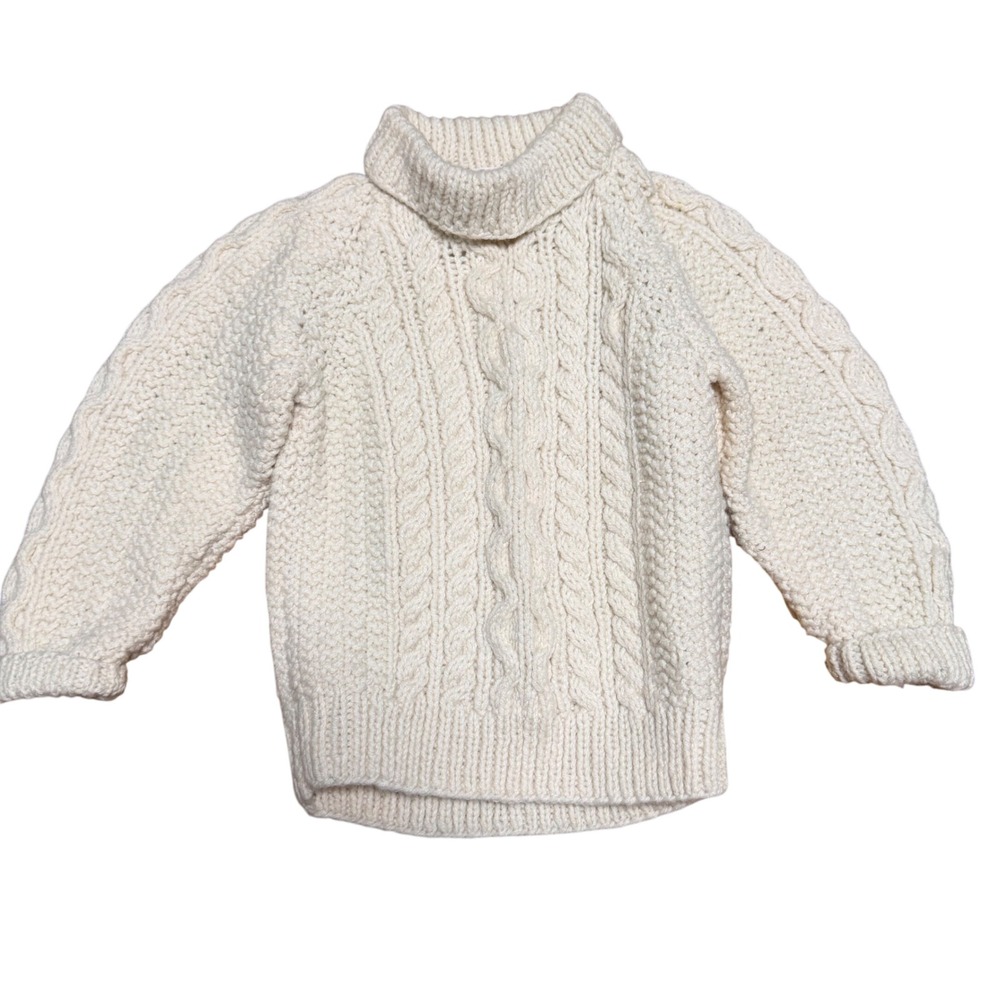 Handmade Cable Knit Sweater Kids 5/6 Cream Turtleneck Aran Fisherman Knit Unisex